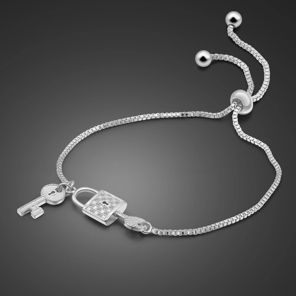 

Women 100% 925 Sterling Silver Lock & Key Charm Bracelet Genuine Solid Silver Bowknot Girl Adjustable Chain Jewelry Gift