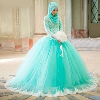 2022 arabic dress ball gown quinceanera dresses full sleeves mint green muslim prom party dresses unique wedding bridal gowns