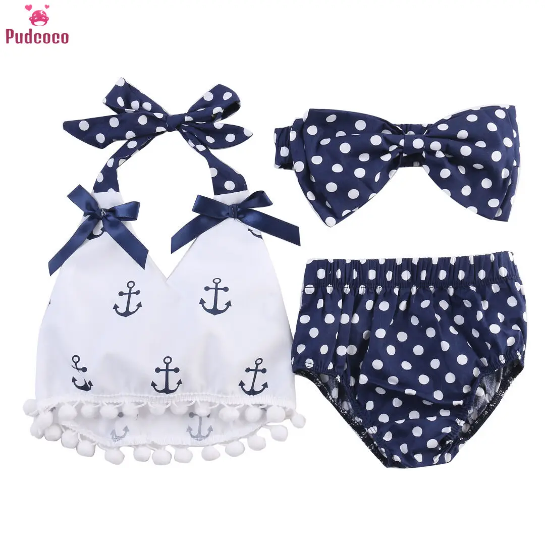 

3pcs Newborn Baby Girl Outfit Clothes Set Anchors Pattern Halter Tops+Polka Dot Briefs Bloomers +Headband Clothing Sets
