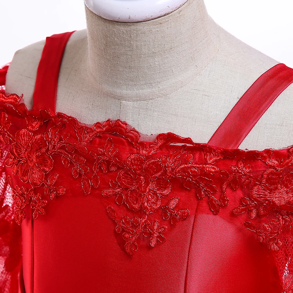 

New Girls Princess dress off shoulder strap dress lace cut out long sleeve dress twill Satin Embroidered Party Dress