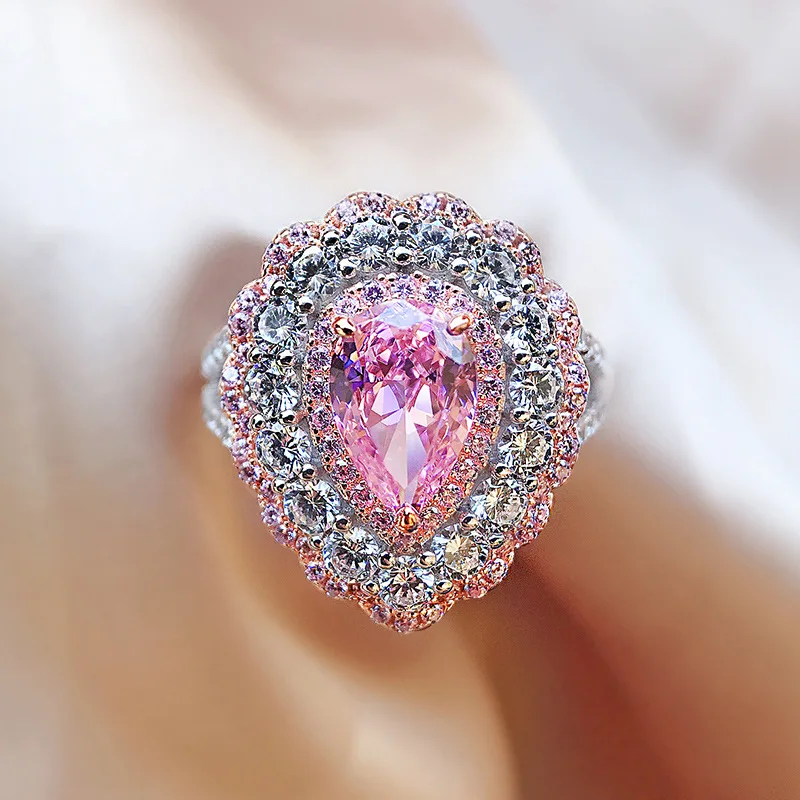 

Luxury 100% 925 Sterling Silver Pear Cut 6*9MM Pink Sapphire Created Gemstone Ring Women Wedding Engagement Gifts