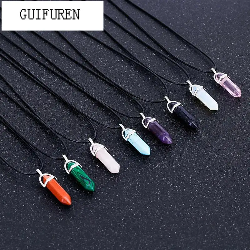 

Hexagonal Column Necklaces Natural Crystal Pendants Stone Pendant Leather Chains Necklace For Women Trendy Jewelry