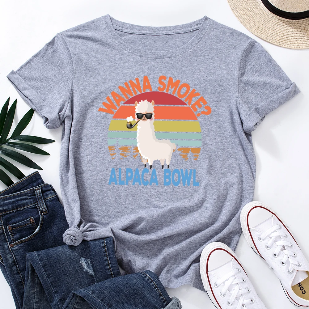 

Wanna Smoke Alpaca Bowl T-Shirt Funny Llama Shirts for Women Female Graphic Tee Short Sleeve Summer Shirts Tops Shirt Animal