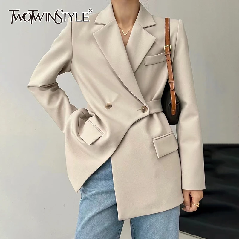 

TWOTWINSTYLE Elegant Apricot Short Female Blazer Notched Long Sleeve Korean Fashion Irregular Solid Jackets For Women Autumn New