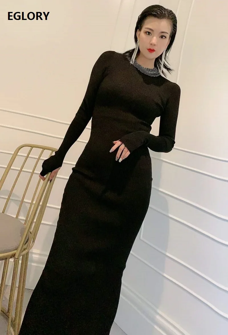 Женское длинное вязаное платье-свитер черное теплое платье-пуловер размера XL с