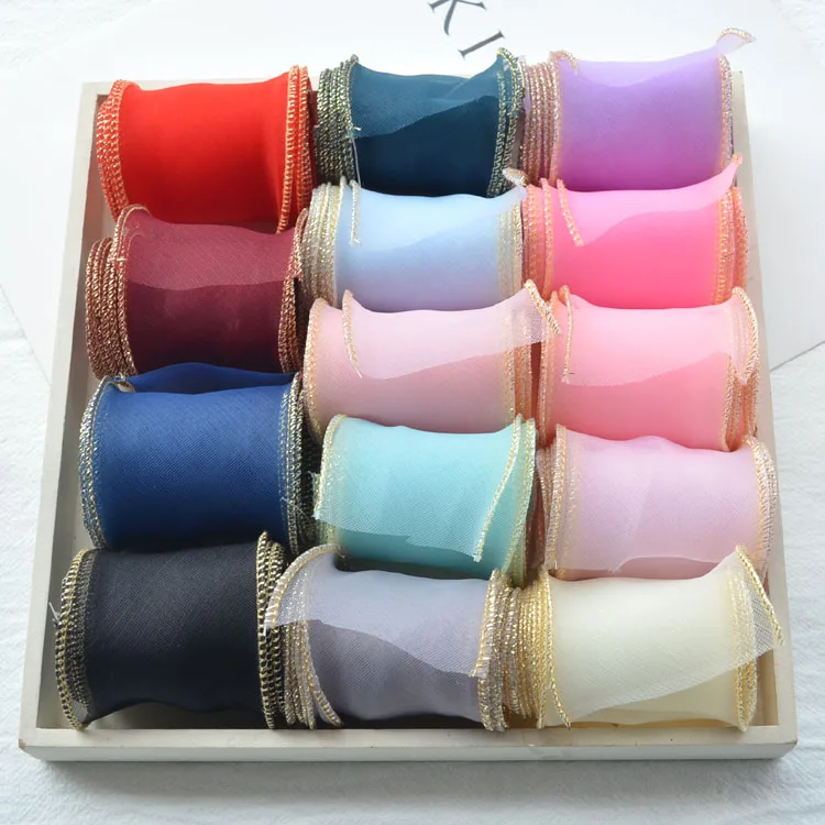 Лента из шифоновой органзы с золотым краем 55 мм|Ленты для шитья| |