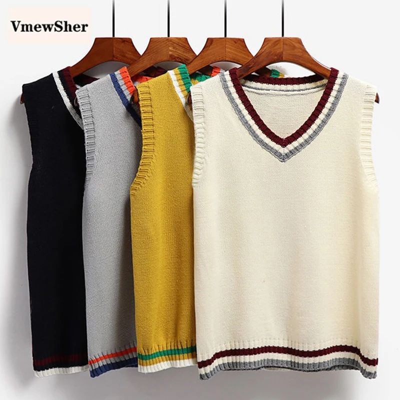 

VmewSher New Spring Autumn Sweater Vest Women V-Neck Knitted Vest Female Preppy Style Tank Tops Sleeveless Ladies Hot Sale