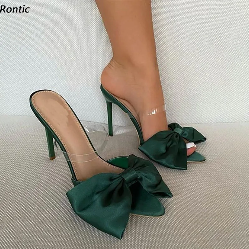 

Rontic Handmade Women Mules Sandals Satin Butteerfly Knot Stiletto Heels Pointed Toe Pretty Black Green Party Shoes US Size 5-15