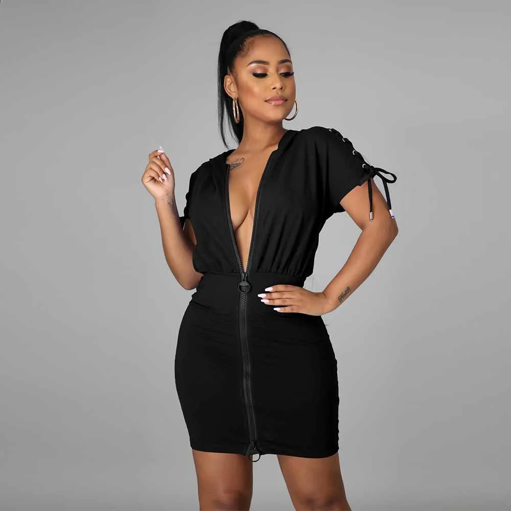 

Lace Up Hollow Out Drawstring Hooded Mini Dress Woman Sexy Short Sleeve Zipper Up Sheath Dress Casual Sportswear Skinny Dresses