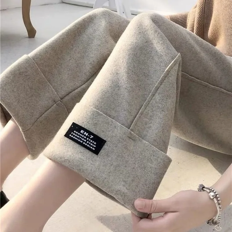 

2022 Autumn Winter Woolen Solid Pants Women Elastic High Waist Ankle-length Pant Harajuku Wide Leg Trousers X657