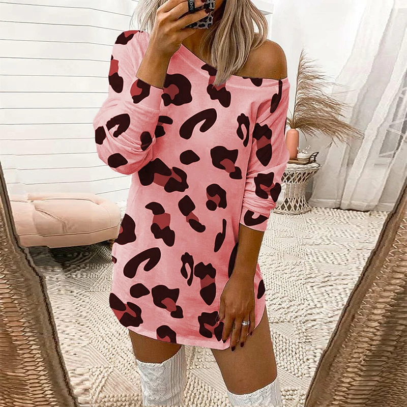 

Plus Size Women Leopard Print Dress Autumn O-neck Long Sleeve T-shirt Dress 2021 Summer New Casual Female Party Dresses Vestidos