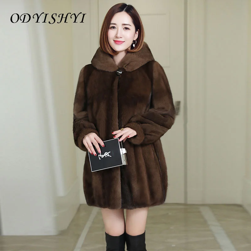 

2021Autumn Winter Imitation Mink Velvet Overcoat New Women Thick Warm Outwear Hooded Mid Length Faux Fur Coat Female Parka D