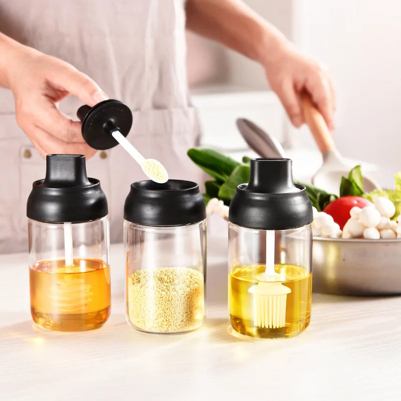 

Kitchen Supplies Seasoning Jar Glass Sealed Seasoning Bottle Spoon Lid Integrated Brush Oil Bottle Honey Bottle
