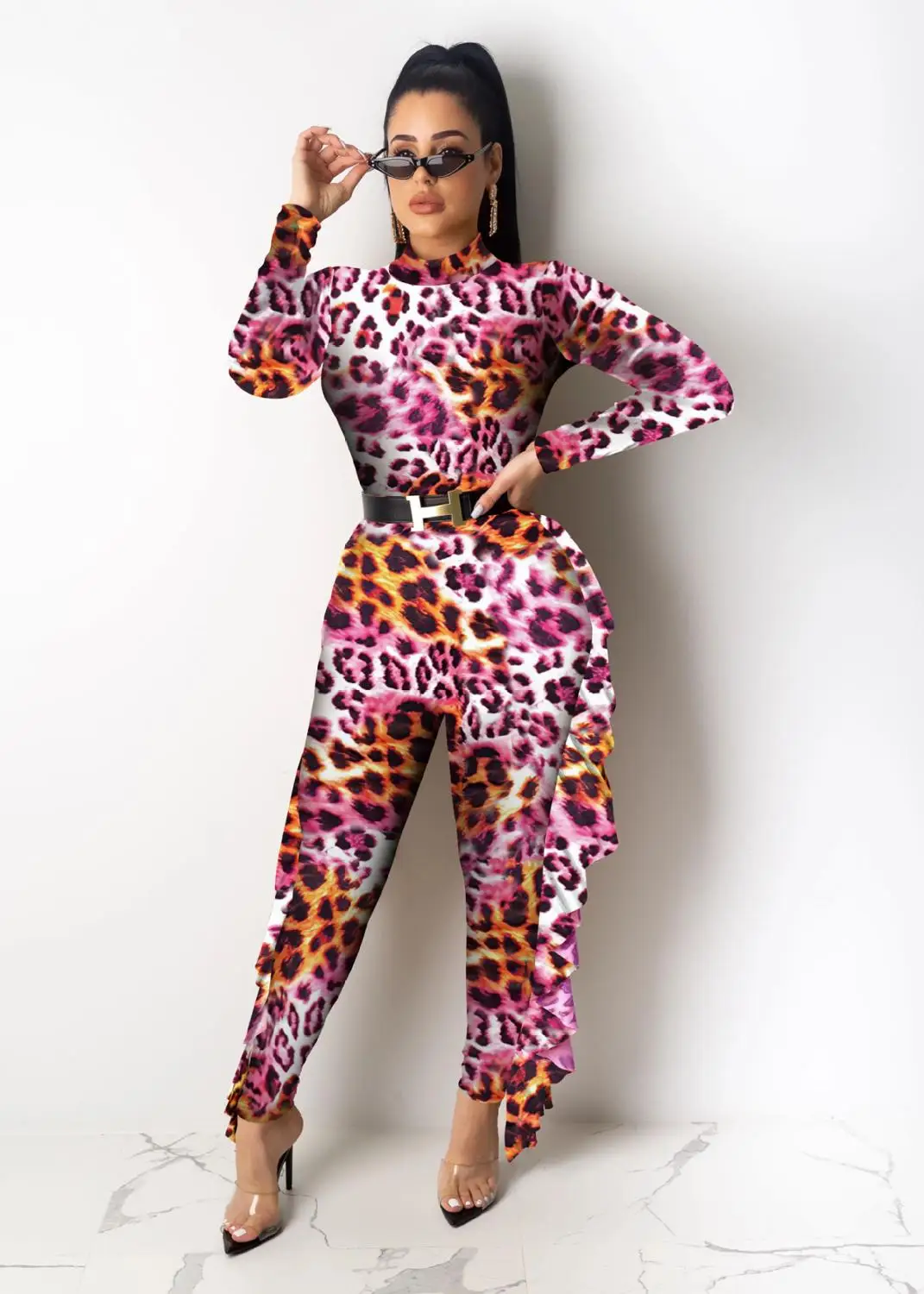 Женский комбинезон с леопардовым принтом и оборками повседневный Облегающий