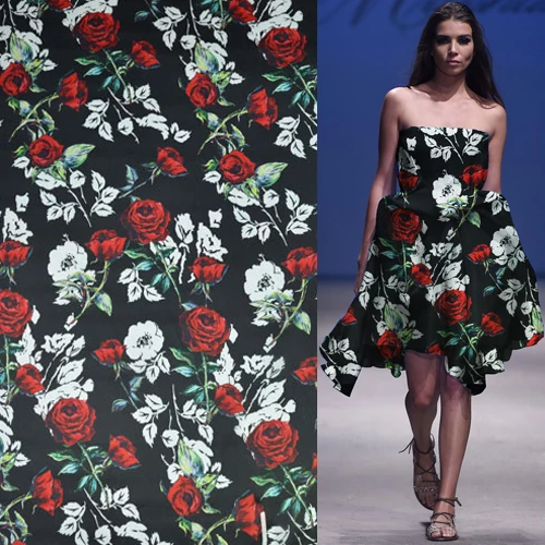 Красная Роза дизайн на черной нижней шелковой органзы ткань для свадебного