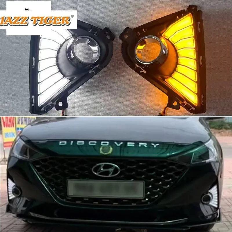 

DRL LED Daytime Running Lamps For Hyundai Solaris Accent 2021 2022 Auto Flowing Yellow Turn Signal Daylights Car Foglamp