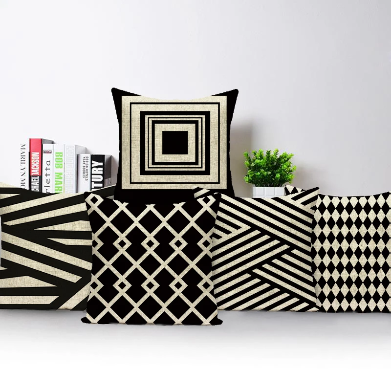 

Geometric Black White Cushion Cover Striped Dotted Grids Pillow Covers Polyester Decor Home Chair Bed Throw Pillowcase