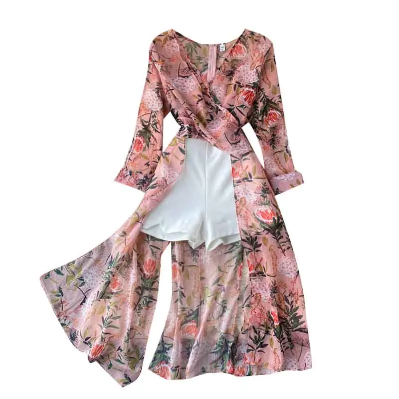 

New 2021 New Autumn Women Casual Two Piece Set Long Sleeve V Neck Asymmetrical Chiffon Shirt White Shorts Ladies Sets