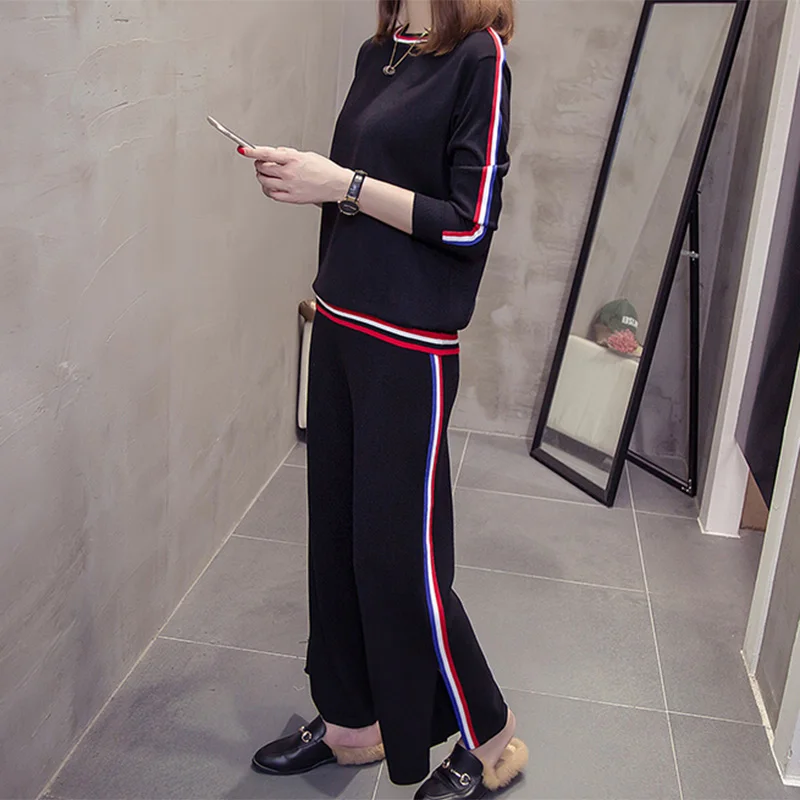 Женский спортивный костюм большого размера плюс вязаный свитер + штаны комплект