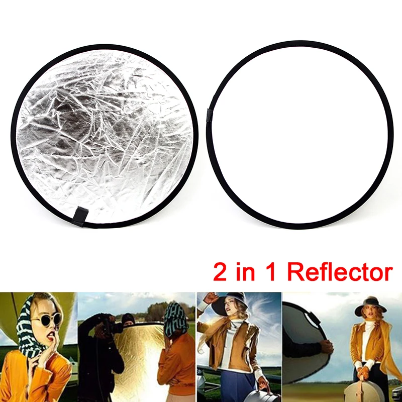 

60/80cm 2in1 White and Silver Photo Studio Reflector Handhold Multi Collapsible Portable Disc Light Reflector for Photograph