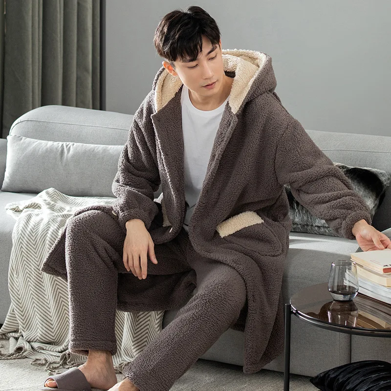 

Winter New Hooded Sleepwear Men Thicken Flannel 2PCS Pajamas Suit Simple Solid Color Pyjamas Loose Warm Homewear Plus Size L-3XL