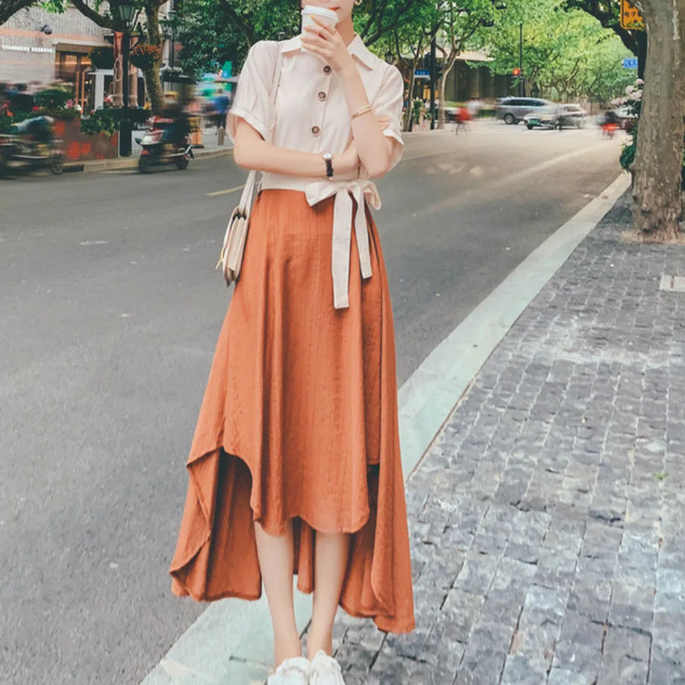

Japanese Style Summer New Color Contrast Splicing Women's 2021 Dress Retro Solid Color Lapel Short Sleeve Irregular Loose Casual