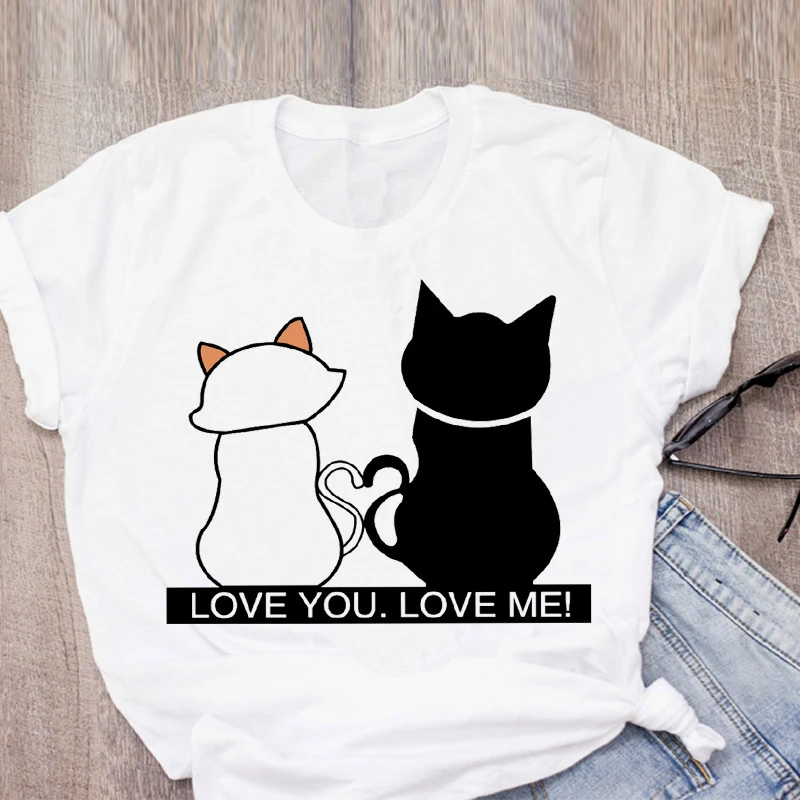 

WK Cute Black Cat Women Tshirt Short Sleeve Woman Summer Fashion O-Neck Female Tee Top Ladies Graphic T-shirt