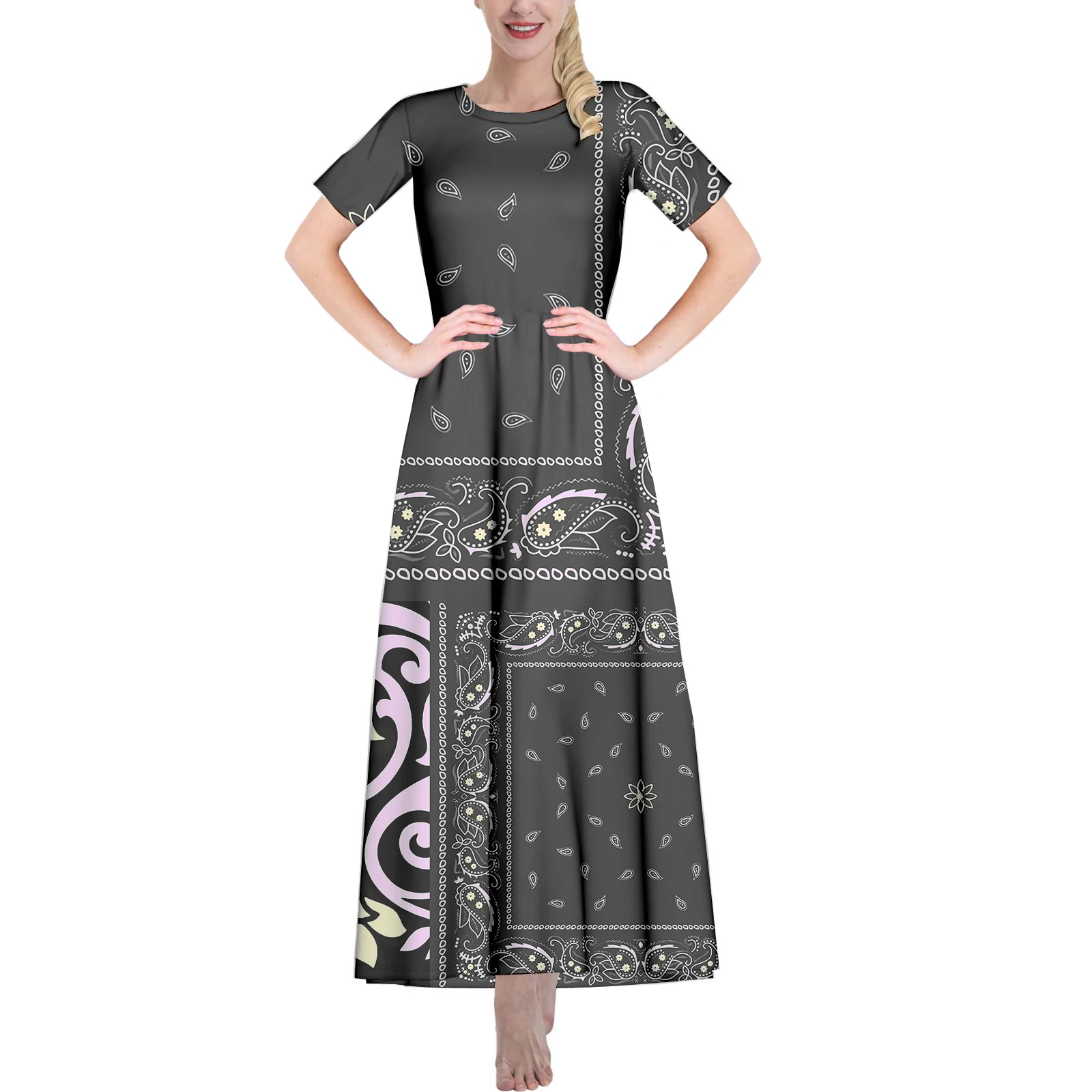 

Bandana Style Female Round Neck Casual Floor-Length Skirt Spring Summer Cashew Nut Pattern Black Fashion Dress Custom Your Logo