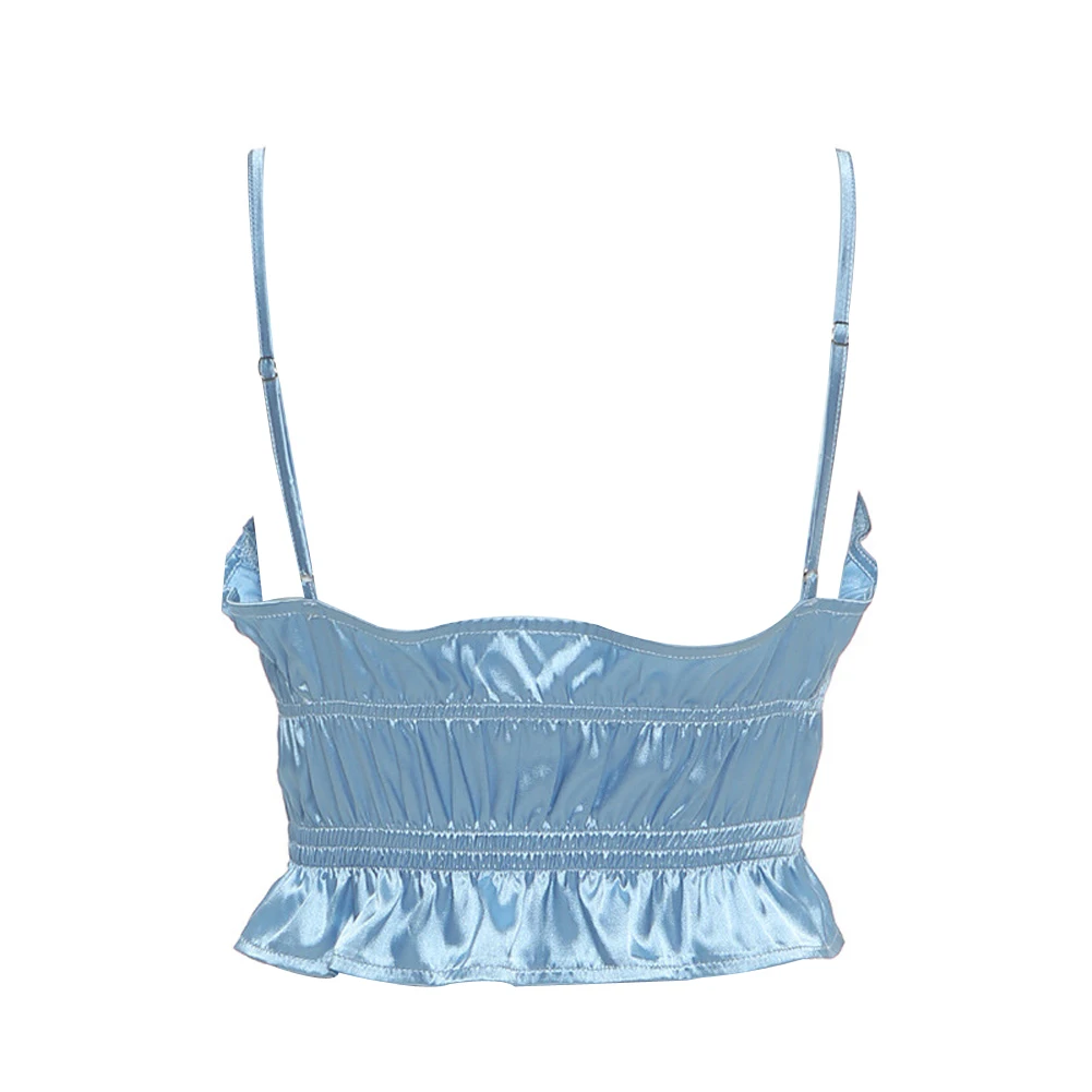 Женские майки с рюшами регулируемые оборками и черный или синий атласный Топ из