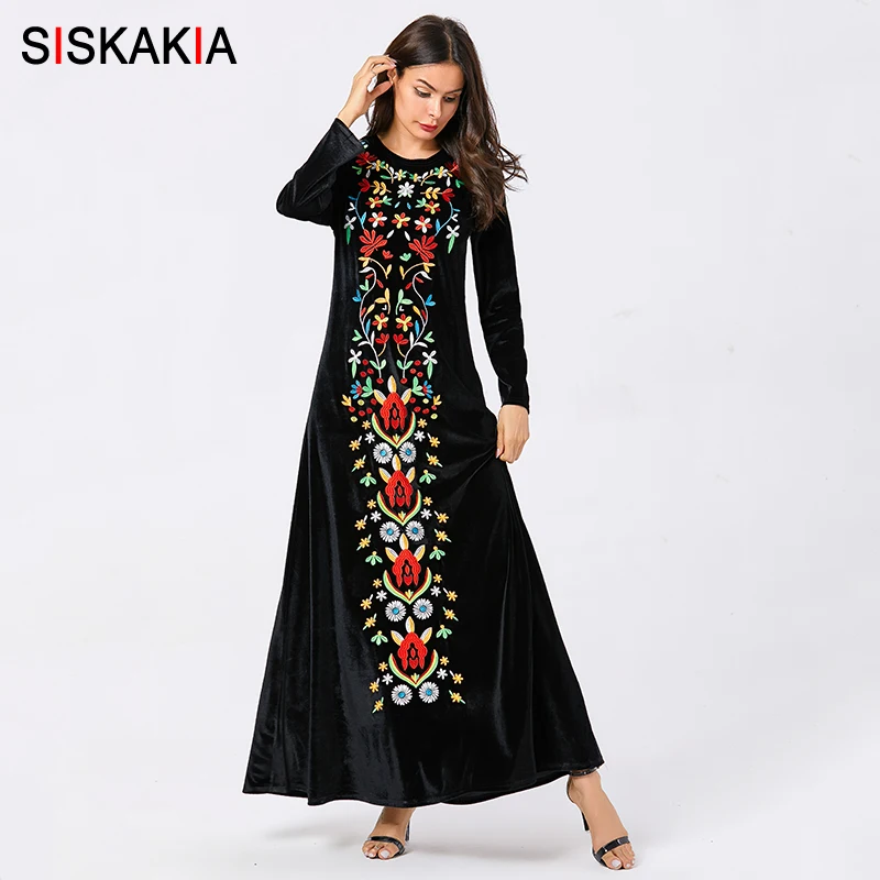 Siskakia/вельветовое длинное платье с цветочной вышивкой Элегантное Длинное Платье