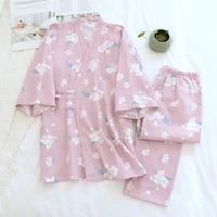 pijama feminino com robe new pure cotton gauze crepe pajama short sets women springautumn comfy japanese kimono loose homewear