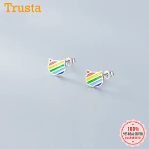 Женские серьги-гвоздики Trusta из настоящего серебра 925 пробы с милой радужной головой кота, свадебные ювелирные изделия для девочек, подарок DS1877
