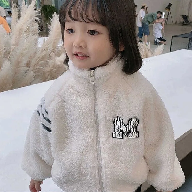 

Girls Baby's Coat Jacket Outwear 2021 Letters Fur Thicken Autumn Winter Plus Velvet Warm School Formal Fleece Children's Clothin