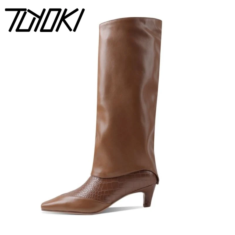 

Tuyoki New Women Knee High Boots Shoes Square Toe Low Heel Slip On Solid Color Western Boots Party Ladies Footwear Size 34-43