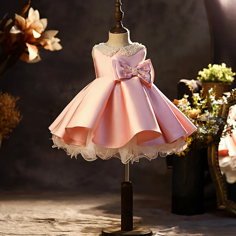 2022 Baby Girls Princess Ball Gowns Infant Beading Bowknot Satin Party Dress Teens Birthday Gala Pageant Frocks Children Vestido