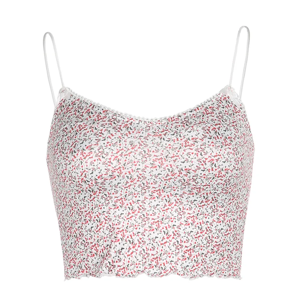 

2020 Womens Sweet Floral Pattern Camisole Summer Sexy Lace U-neck Exposed Navel Female Top Basic Blouse Slim Fit