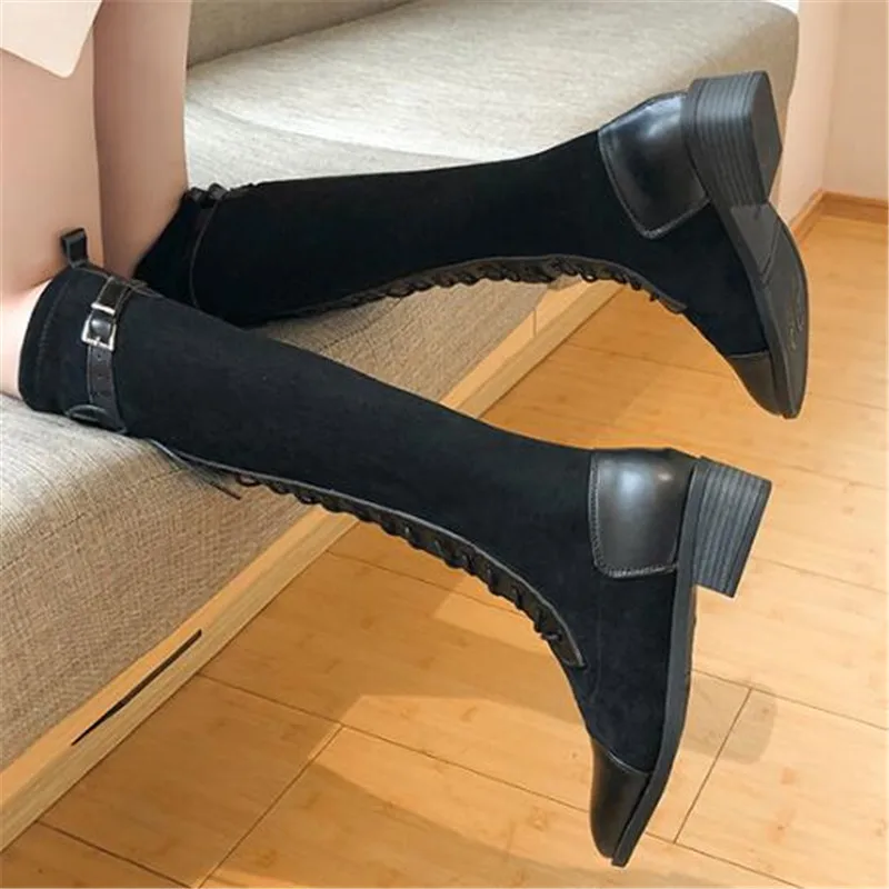 

High Long Boots Women Autumn Winter Warm Cross Tied Boots Women Square Toe Boots Sexy Elastic boots Knee High Boots Black Khaki