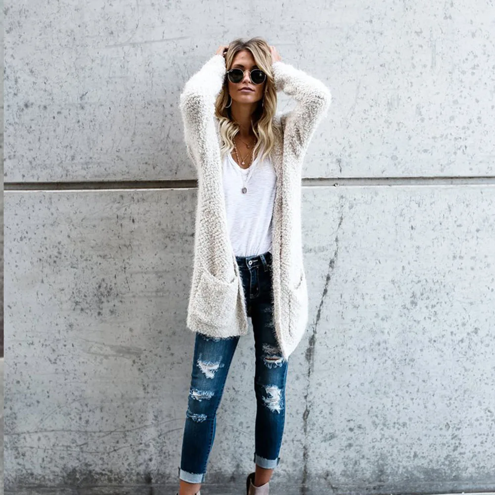 

Женский Зимний вязаный свитер, куртка, повседневный модный простой длинный теплый Однотонный свитер с длинными рукавами и отложным воротни...