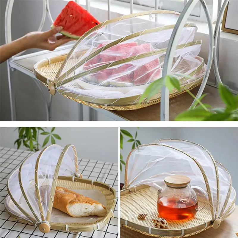 Handmade Wicker Basket With Gauze Bamboo Tray Fruit Vegetable Storage For Kitchen Picnic Food Dust-Protection |