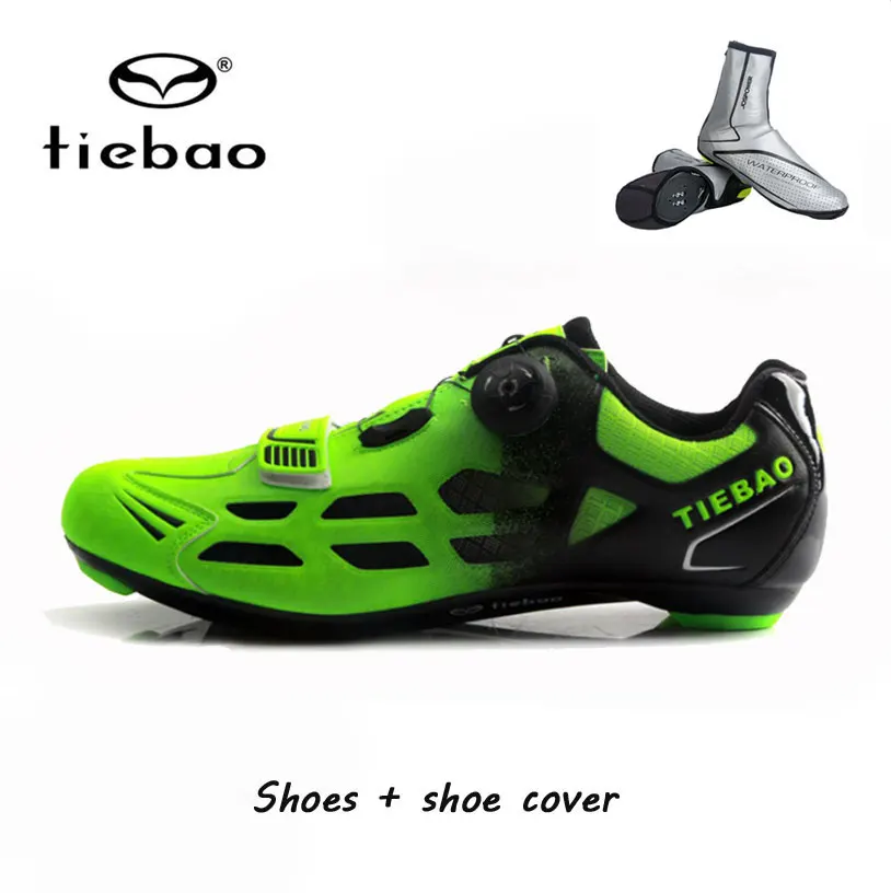 green with overshoes Tiebao/Мужская обувь для езды на велосипеде; Нескользящая дышащая велосипедная обувь; спортивные гоночные кроссовки; обувь для велосипеда; Zapatillas Ciclismo - Цвет: green with overshoes