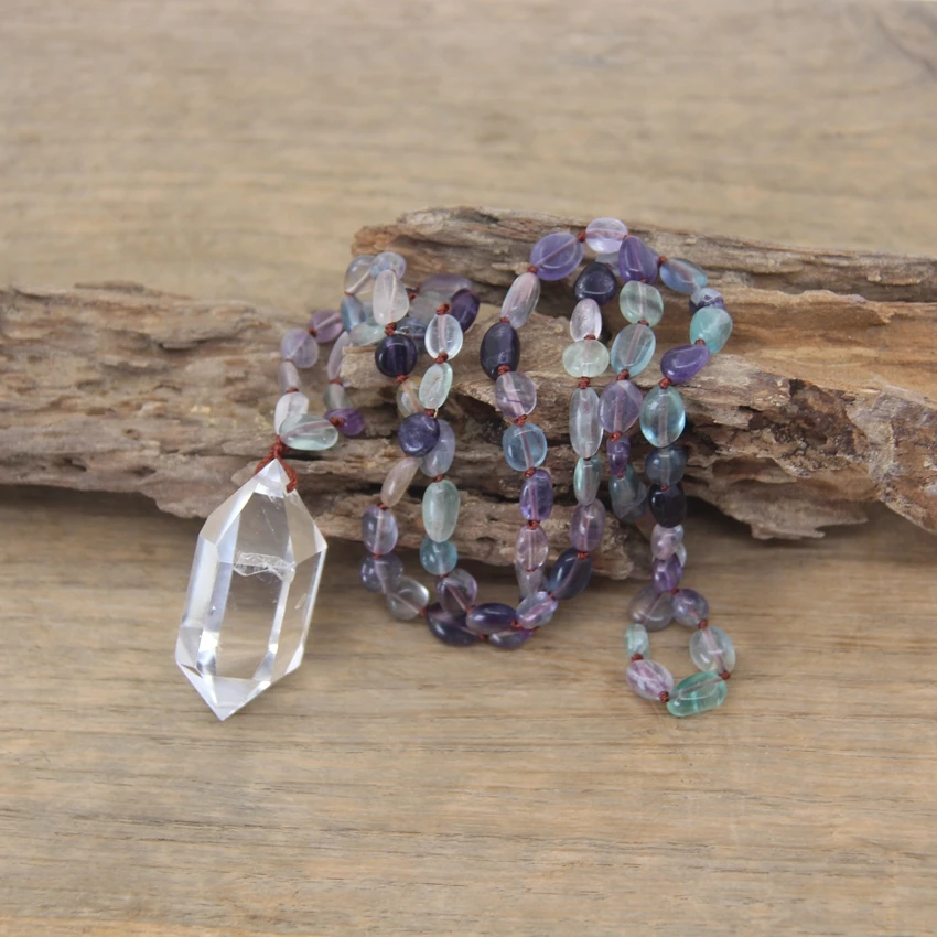 Handmade Knot Necklace Natural Rainbow Fluorite Nugget Chip Beads Crystal Double Point Pendants Mala Yoga Jewelry,QC0124
