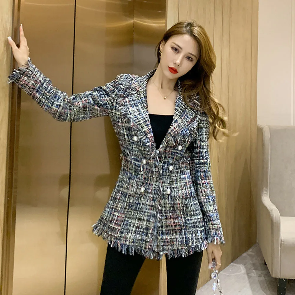 Женская клетчатая куртка с жемчужными пуговицами маленькая верхняя одежда