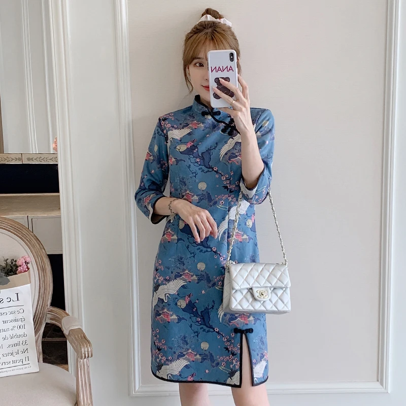 

2021 Spring Autumn Dress for Women Chinese Cheongsam Retro Style Print Half Sleeve Split Elegant Daily Female Dresses