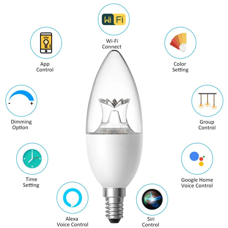 

Smart WiFi Candle Bulb E14 Dimmable Works with Alexa for Google Home for Amazon