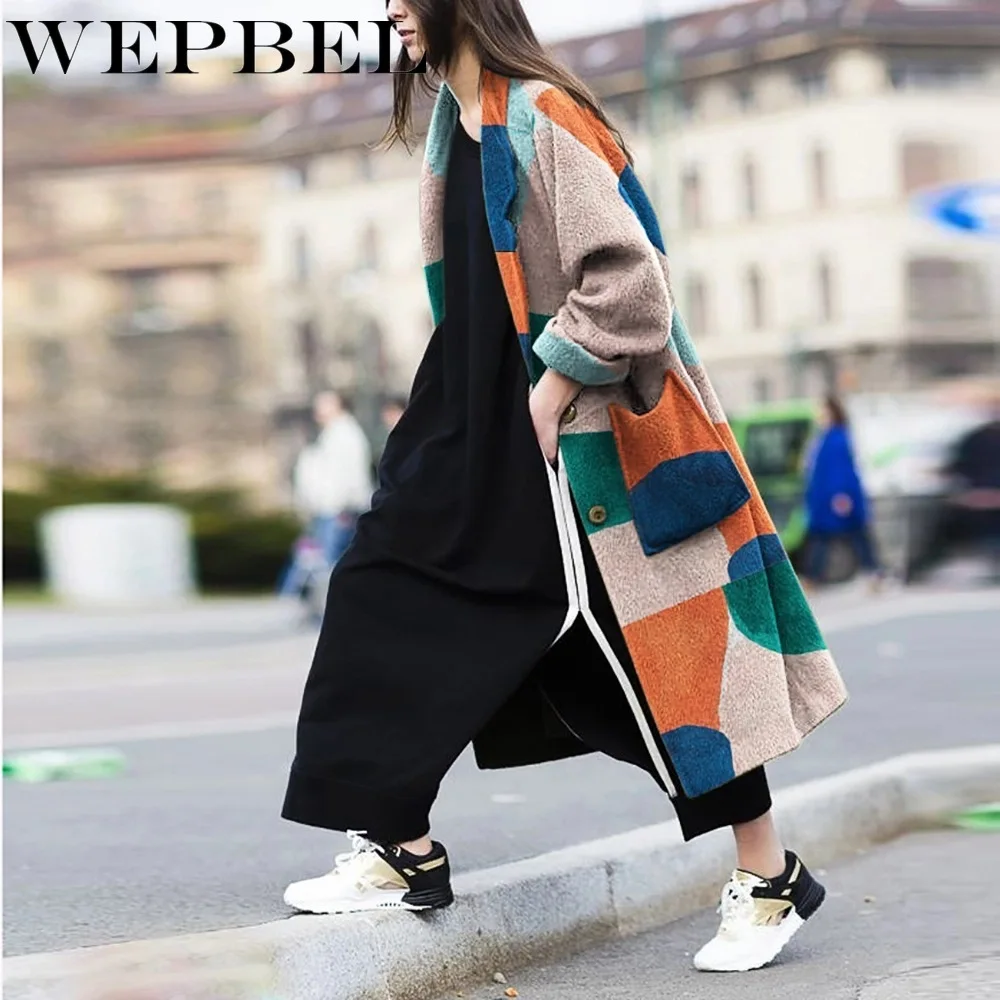 

WEPBEL Women's Fashion Print Stitching Loose Long Coat Autumn Winter Leisure Single-Breasted Lapel Pocket Long Sleeve Long Coat
