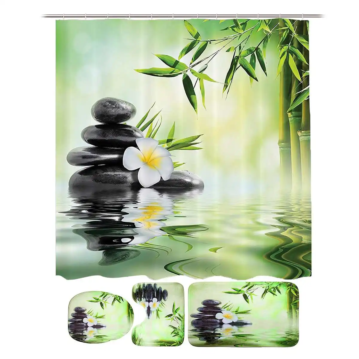 

NEW Shower Curtain Bathroom Decoration 3D Bamboo Running Water Green Bamboo Shower Curtain Toilet Cover Mat Non-Slip Set