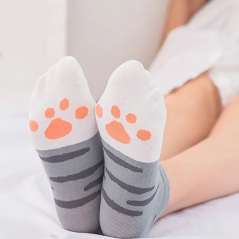 

K3NF Japanese Fresh Style Women Summer Low Cut Boat Socks Cute Cat Paws Stripes Printed Breathable Casual Shallow Mouth Short