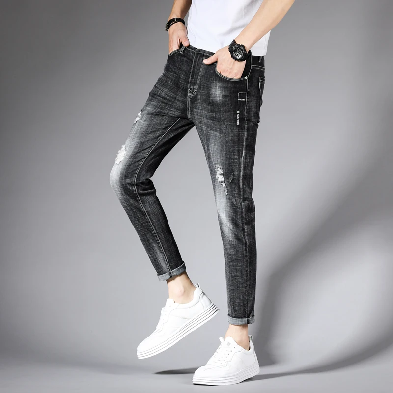Итальянский стиль модные мужские джинсы черный серый цвет облегающие рваные
