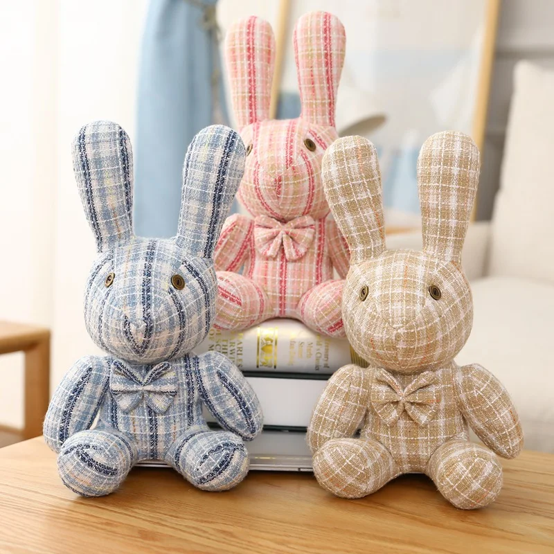 

Bow Knot Bunny Toys Stuffed Infant Doll Animal Companion Kawaii Rabbit Body Pillows England Plaid Home Decor
