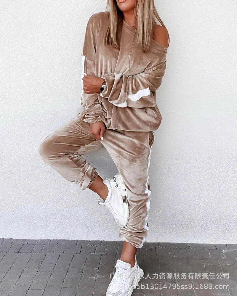 

Nowsaa Velvet Tape Patch Lantern Sleeve Top & Pants Set Jogging Jogging Hoodie & Pants Sets Joggers Tracksuit Spring Autumn